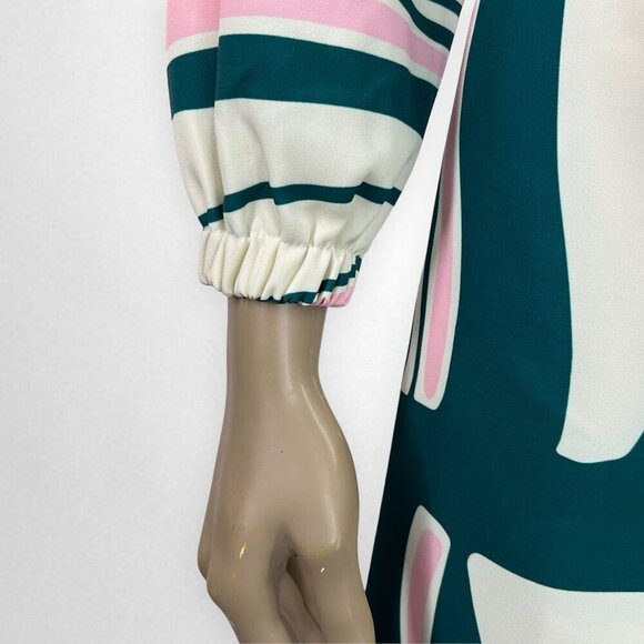 CLOSET. LONDON 4 Green, White and Pink Off Shoulder Dress Long Sleeve Retro‎ 60s - Picture 6 of 10